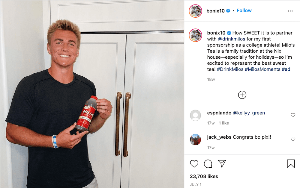 Auburn QB Bo Nix endorsement post on Instagram