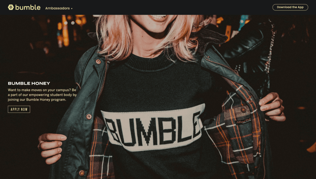 Bumble's Campus ambassador recruiting page