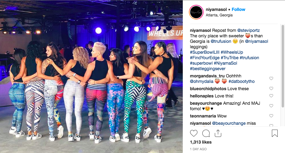 Instagram repost of Niyama Sol's brand ambassador wearing their leggings with friends
