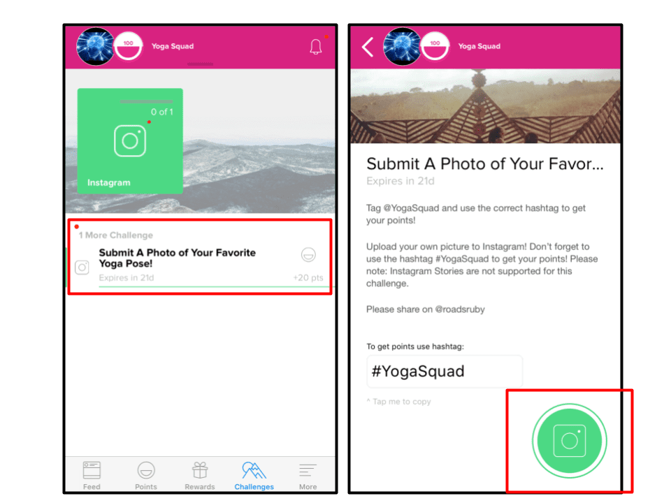 SocialLadder app feature to complete challenges by selecting a past Instagram post