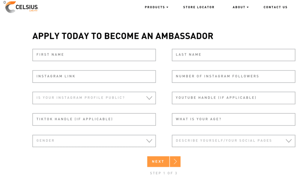 Brand ambassador application form from the brand Celsius