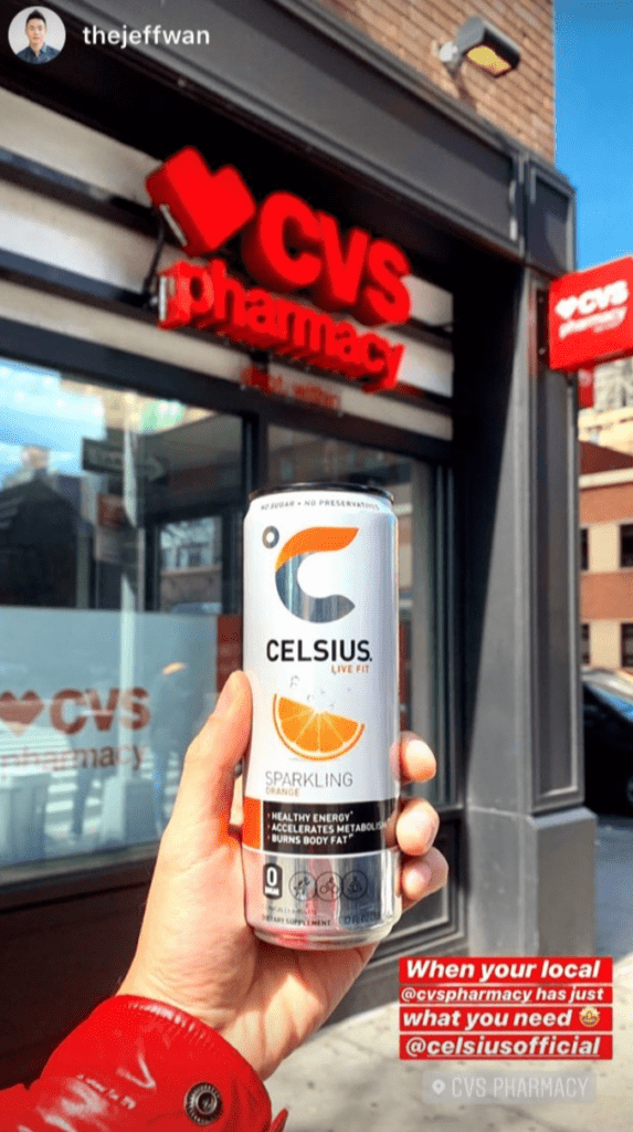 Instagram brand ambassador showing Celsius drink in front of CVS store