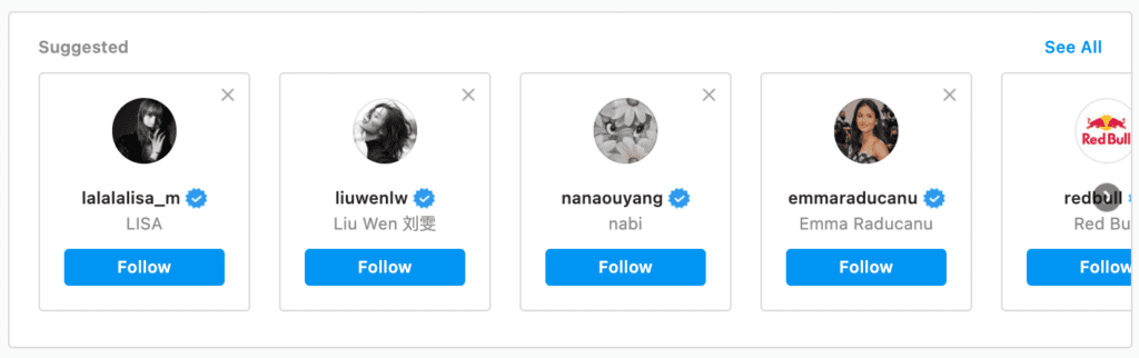 Suggested accounts feature from Instagram