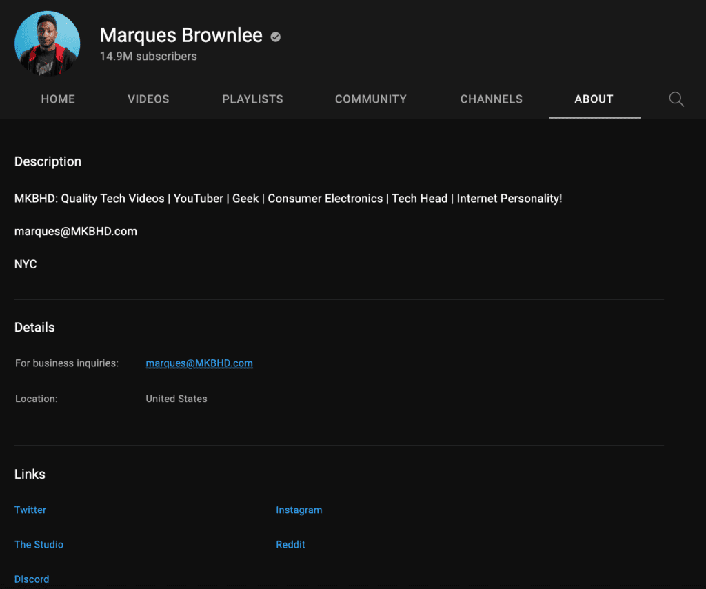 Marquees Brownlee YouTube channel contact section